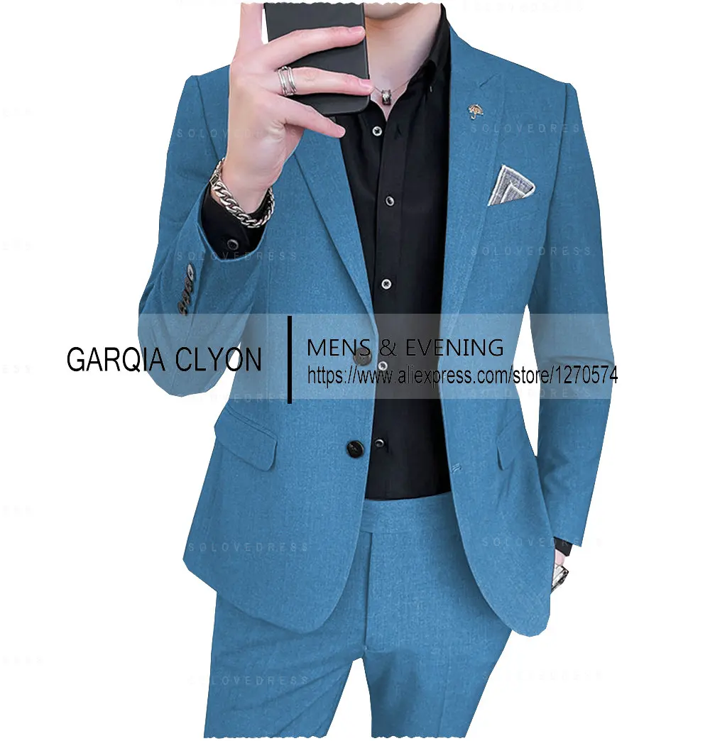 (Bunda+Kalhoty) Módní Pánské Čisté Barvy Obleky Šedá Modrá Černá Slim Fit Muže Business Hostinu Oblek Set Plus Velikosti Obrázek 2