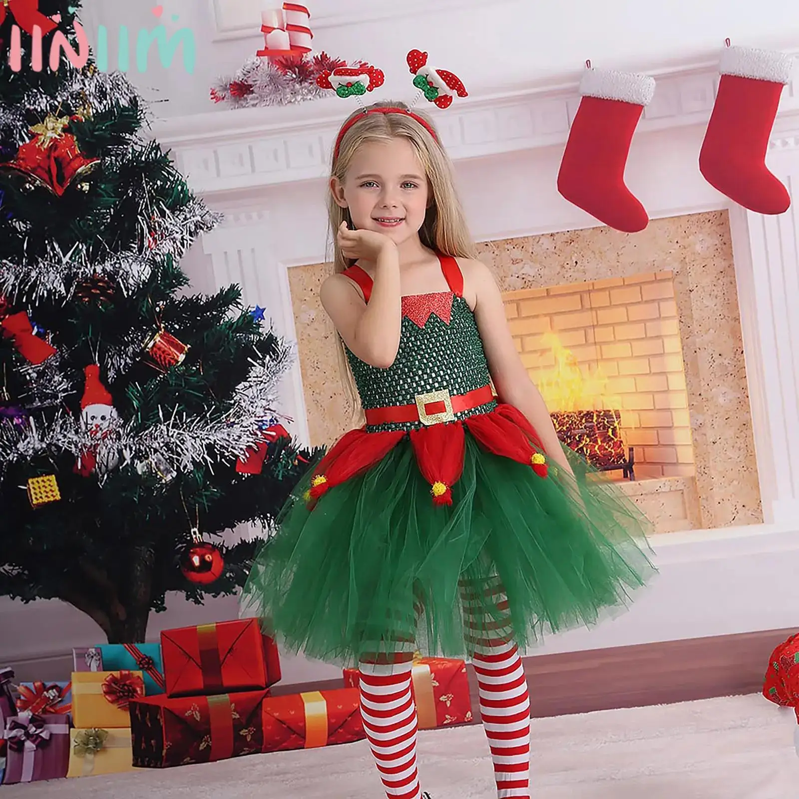 Dívky Vánoční Téma Párty Elf Víla Cosplay Výkon Kostým bez Rukávů Xmas Šaty s Punčochy Santa Claus Vlasy Hoop Obrázek 0