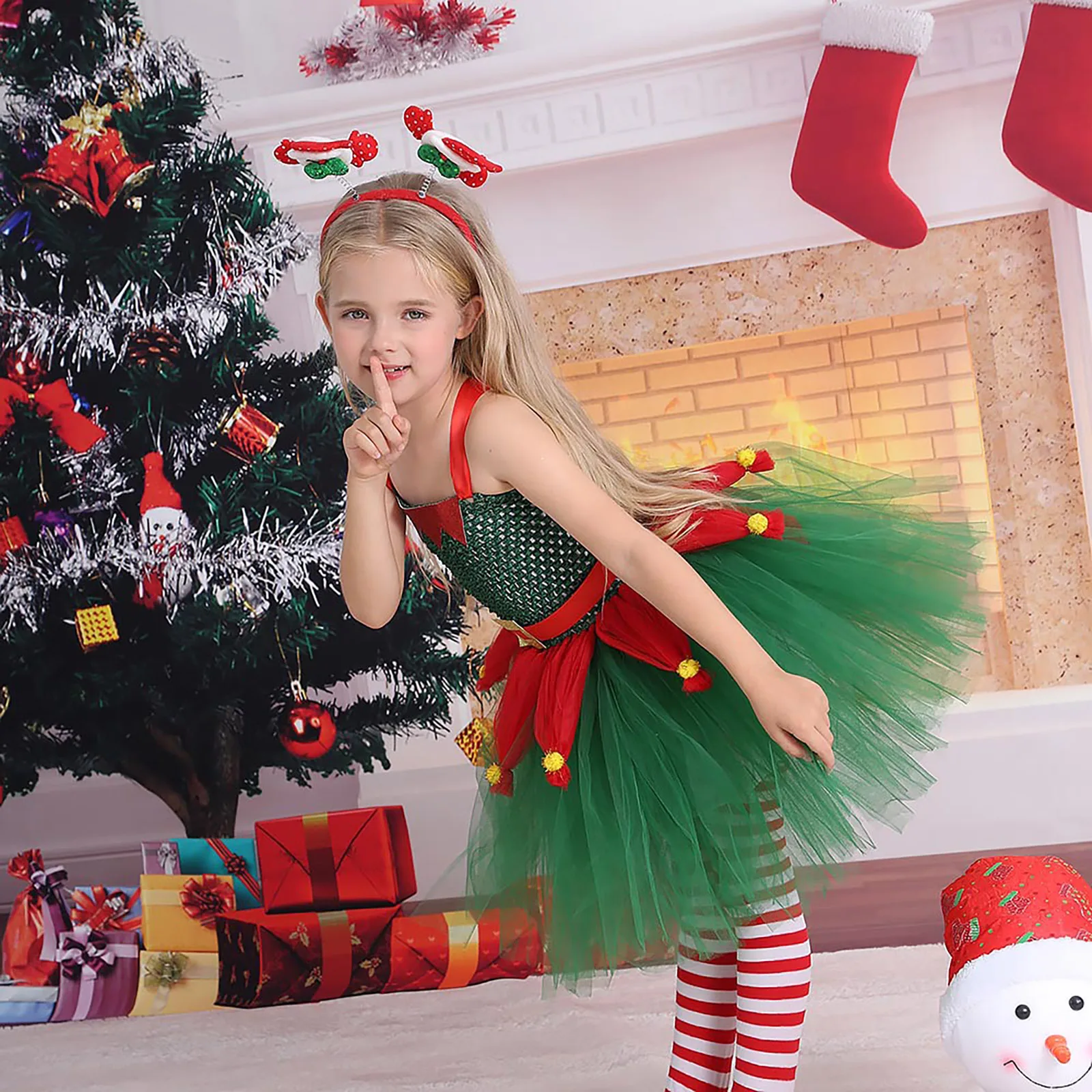 Dívky Vánoční Téma Párty Elf Víla Cosplay Výkon Kostým bez Rukávů Xmas Šaty s Punčochy Santa Claus Vlasy Hoop Obrázek 1