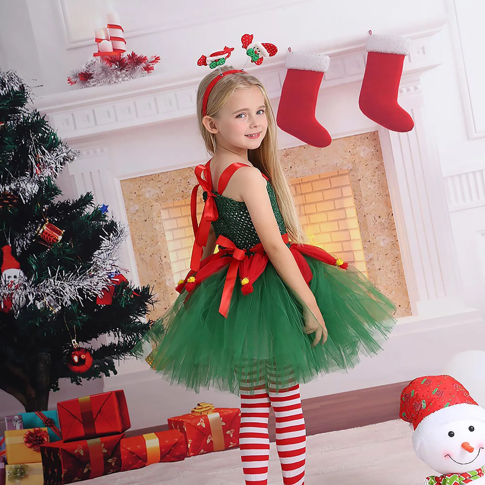 Dívky Vánoční Téma Párty Elf Víla Cosplay Výkon Kostým bez Rukávů Xmas Šaty s Punčochy Santa Claus Vlasy Hoop Obrázek 2