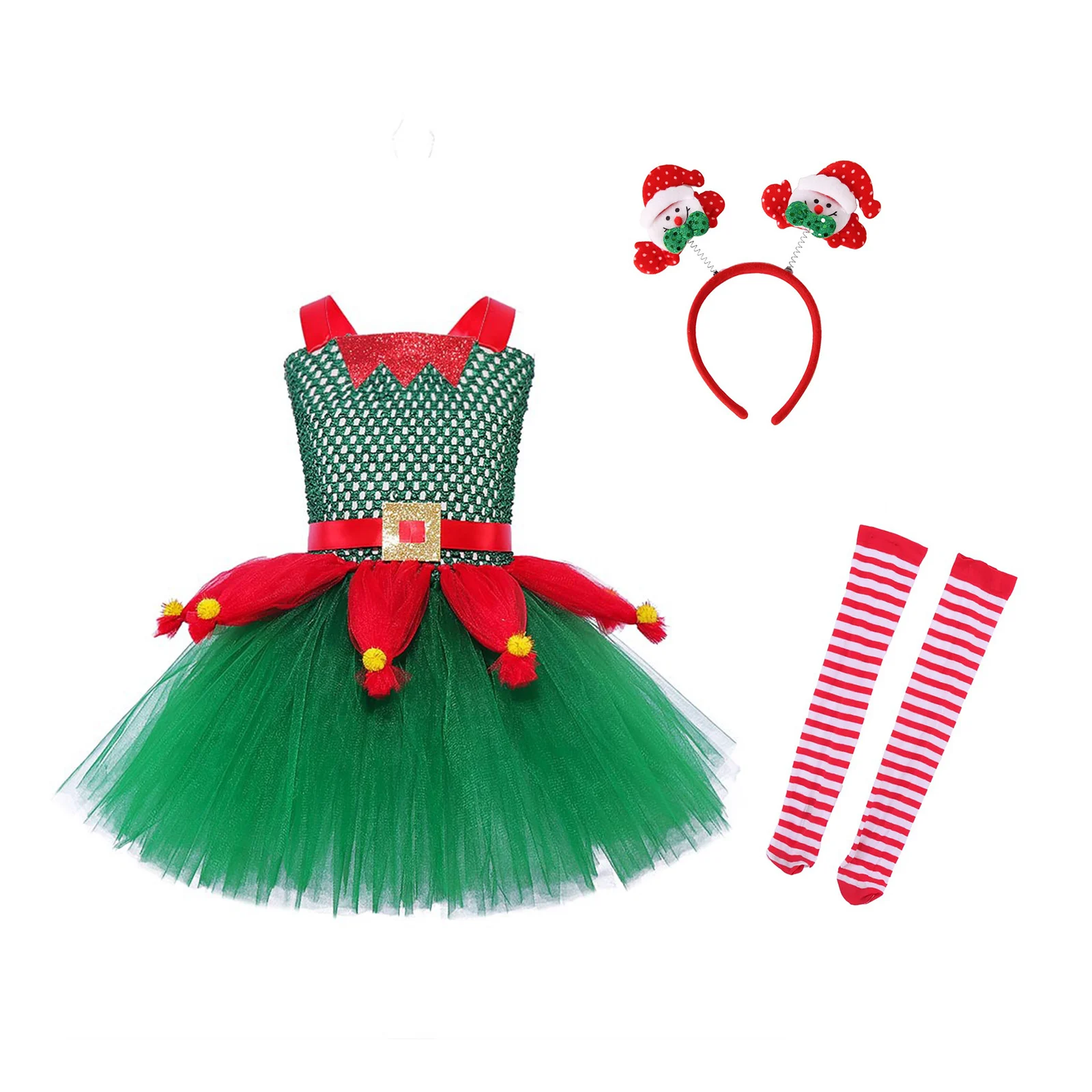 Dívky Vánoční Téma Párty Elf Víla Cosplay Výkon Kostým bez Rukávů Xmas Šaty s Punčochy Santa Claus Vlasy Hoop Obrázek 3
