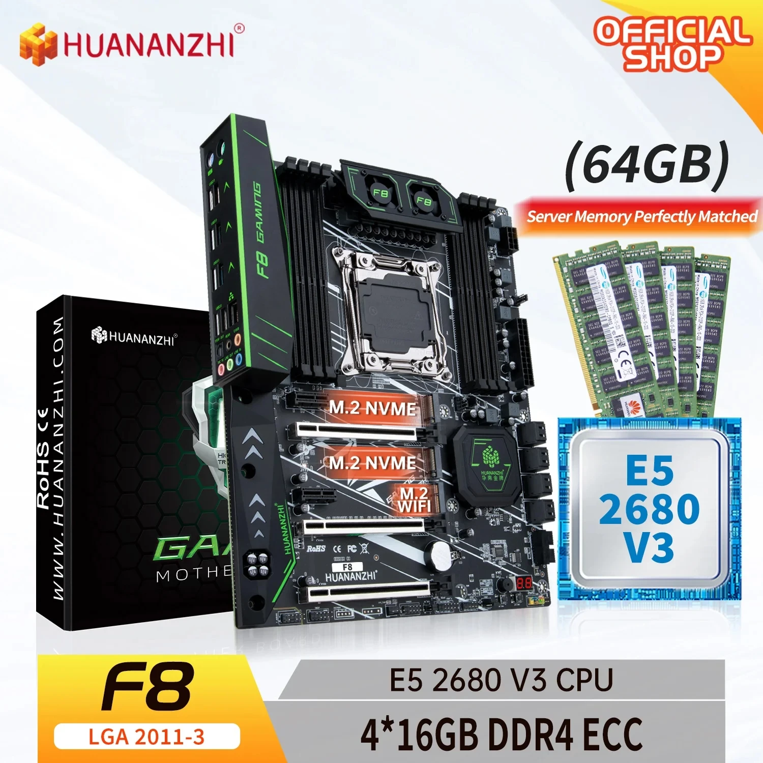 HUANANZHI X99 F8 LGA 2011-3 XEON základní Desky X99 s procesory Intel E5 2680 V3 s 4*16G DDR4 RECC paměti combo kit sada NVME SATA Obrázek 0