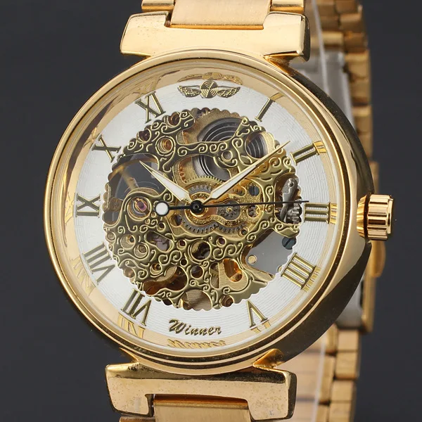 VÍTĚZ nejlepší Hodinky Zlaté Slitiny Kostra Dial Světelný Mužů Reloj Luxusní Obchod s Kovové Náramkové Pánské hodinky Obrázek 0